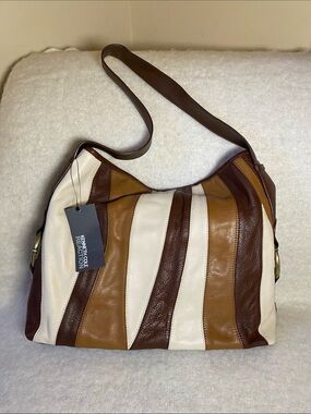 Kenneth Cole Reaction Striped Leather Hobo Bag - Brown & Cream